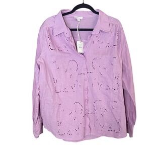 Jennifer Grace Lavender Eyelet Embroidered Long Sleeve Button Up Shirt XL NWT